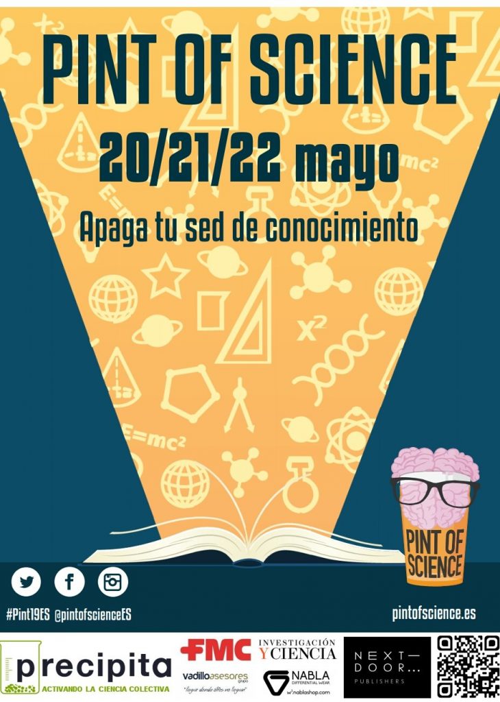 Cartel del pint of science 2019 en España no dudes en visitar su página para ver todos los bares