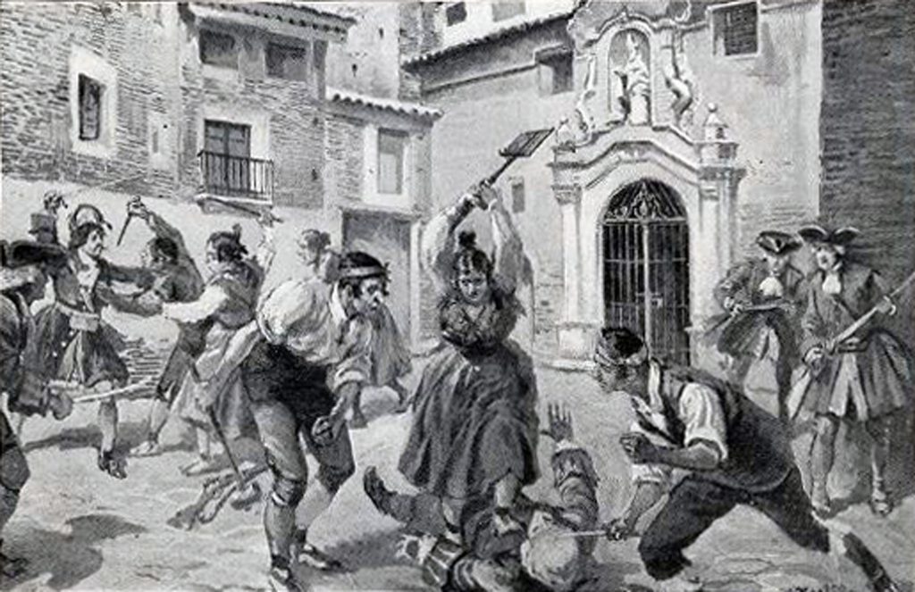 Imagen de los tumultos en Zaragoza en 1705, donde los jóvenes llevan puesto el cachirulo