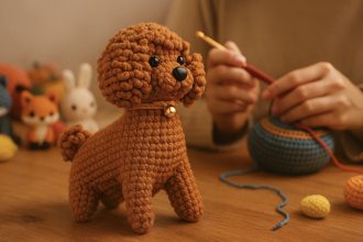 Persona tejiendo un perro de amigurumi con hilo marrón, rodeada de pequeñas figuras de ganchillo de animales en un ambiente cálido y acogedor.